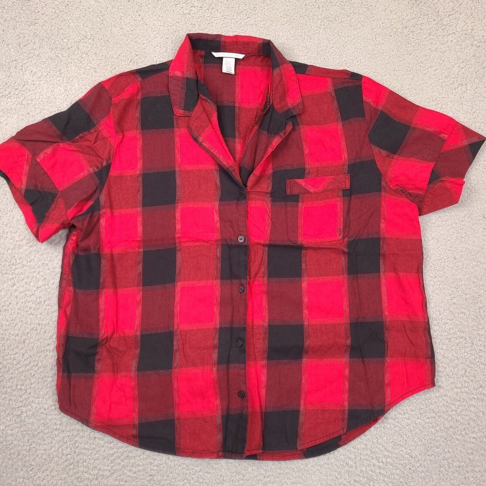 Victoria's Secret Pajama Top Womens XL Red Black Plaid Button Up Shiny Accent